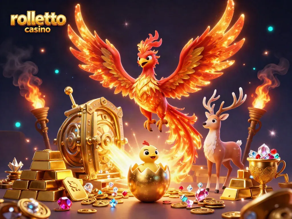 Experience thrilling action with rolletto casino as a phoenix rises amid treasures and magical gems.