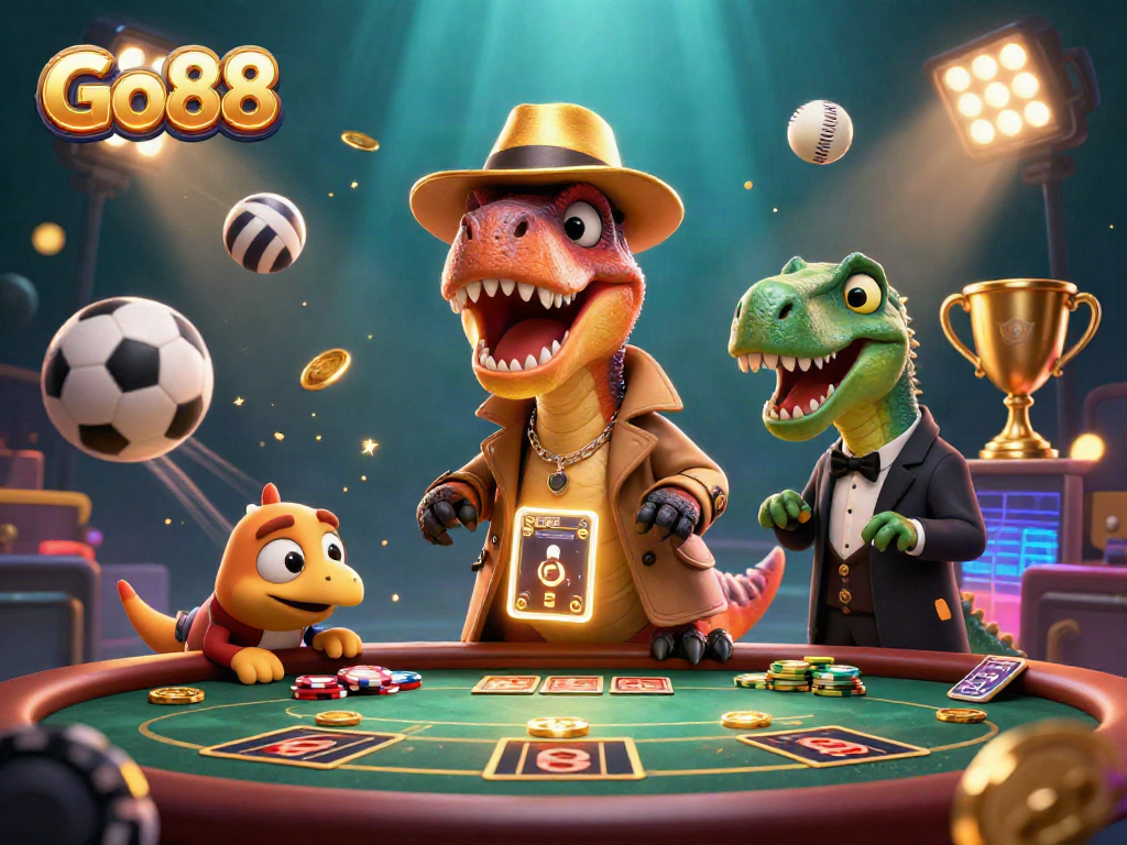 Experience the excitement of Go88 with a velociraptor at a blackjack table and a thrilling casino atmosphere.