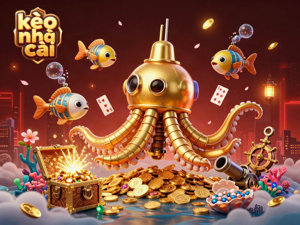 Experience kèo nhà cái excitement with our vibrant illustration showcasing a golden kraken submarine and dynamic underwater gaming features.