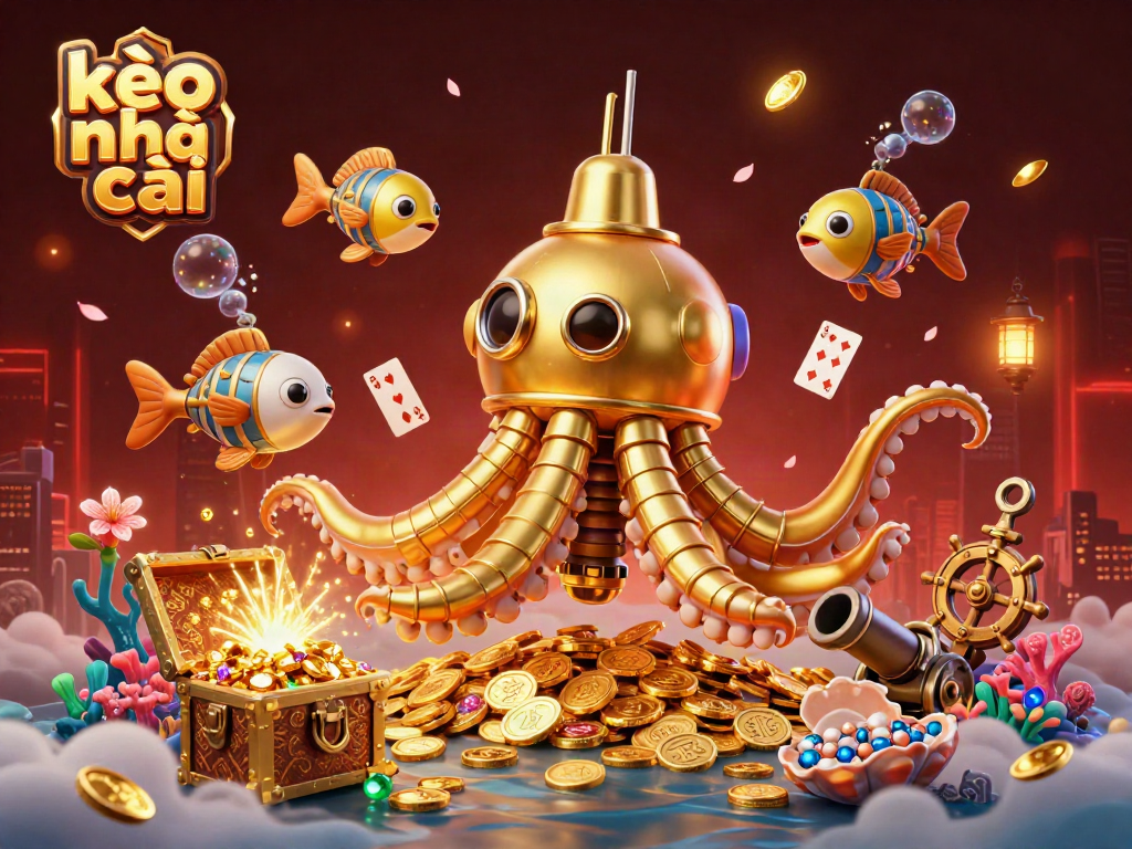 Experience kèo nhà cái excitement with our vibrant illustration showcasing a golden kraken submarine and dynamic underwater gaming features.
