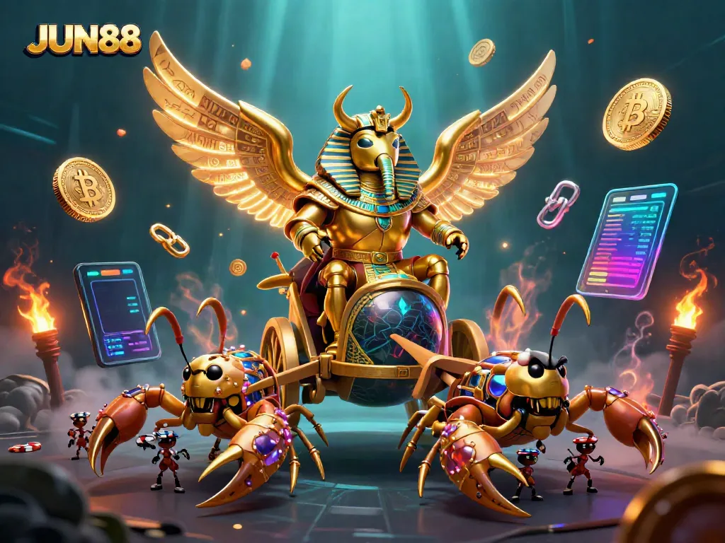 Engage in thrilling gaming adventures at JUN88 with a vibrant 3D illustration featuring a golden scarab and crypto elements.