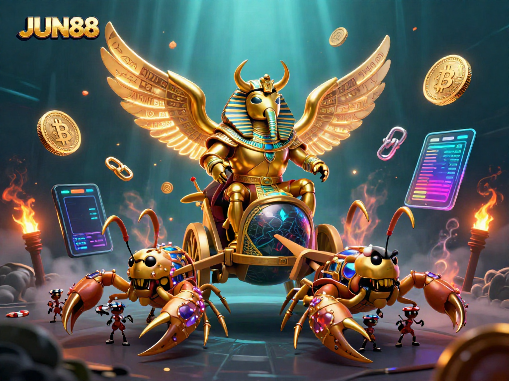Engage in thrilling gaming adventures at JUN88 with a vibrant 3D illustration featuring a golden scarab and crypto elements.