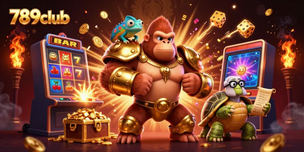 Engage with thrilling 789club gaming excitement featuring a dynamic slot machine, golden treasures, and iconic characters.