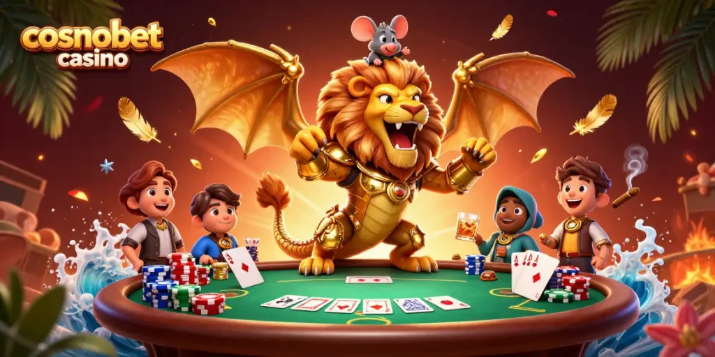 Experience thrilling gaming action at cosmobet casino with an epic 3D chimera and poker scene.