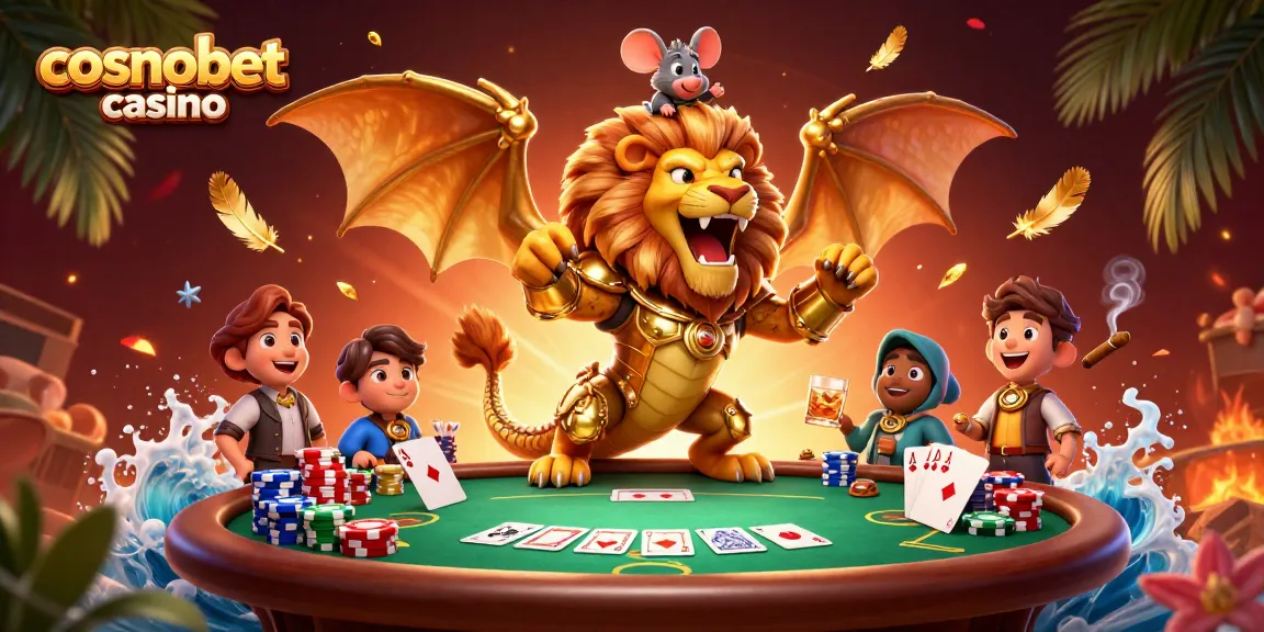 Experience thrilling gaming action at cosmobet casino with an epic 3D chimera and poker scene.