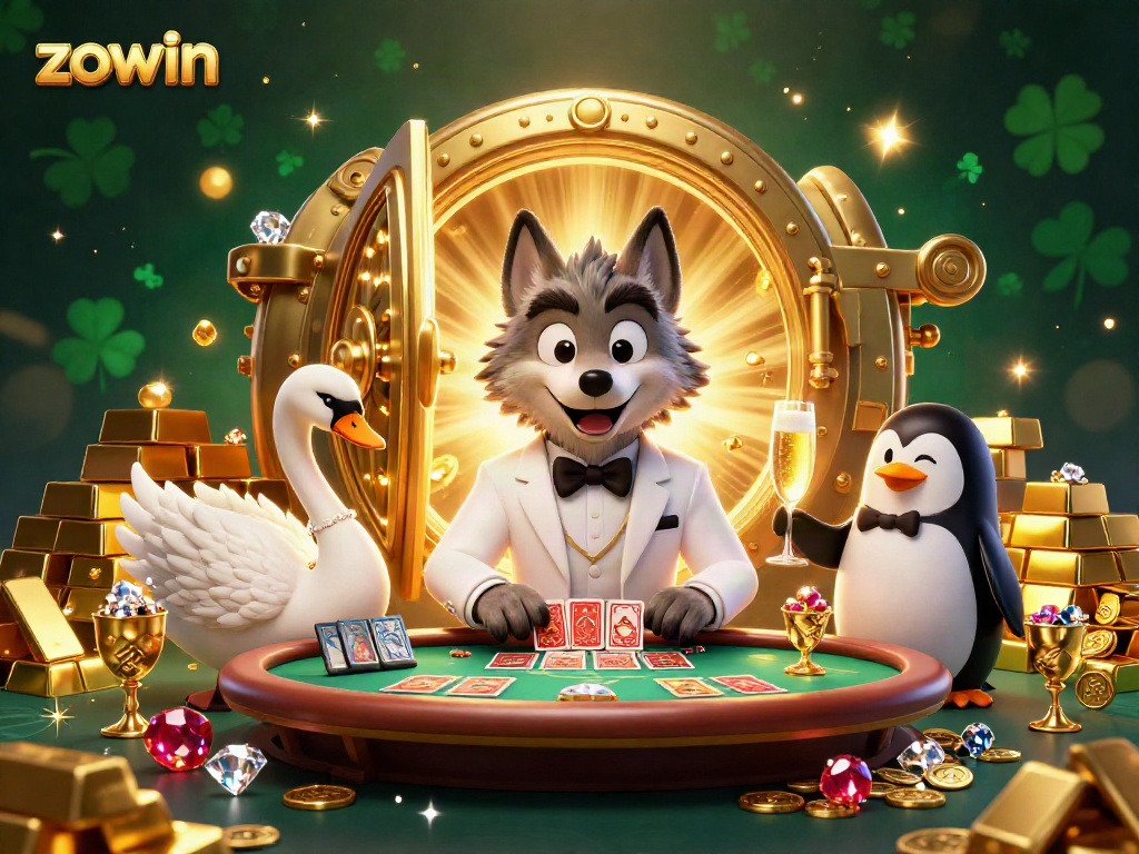 Zowin casino scene with a debonair wolf, elegant swan, and penguin sommelier celebrating wins