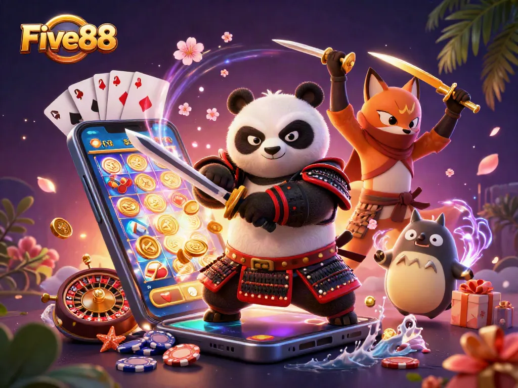 Experience thrilling gameplay at Five88 with a dynamic illustration showcasing exciting gambling elements and characters.