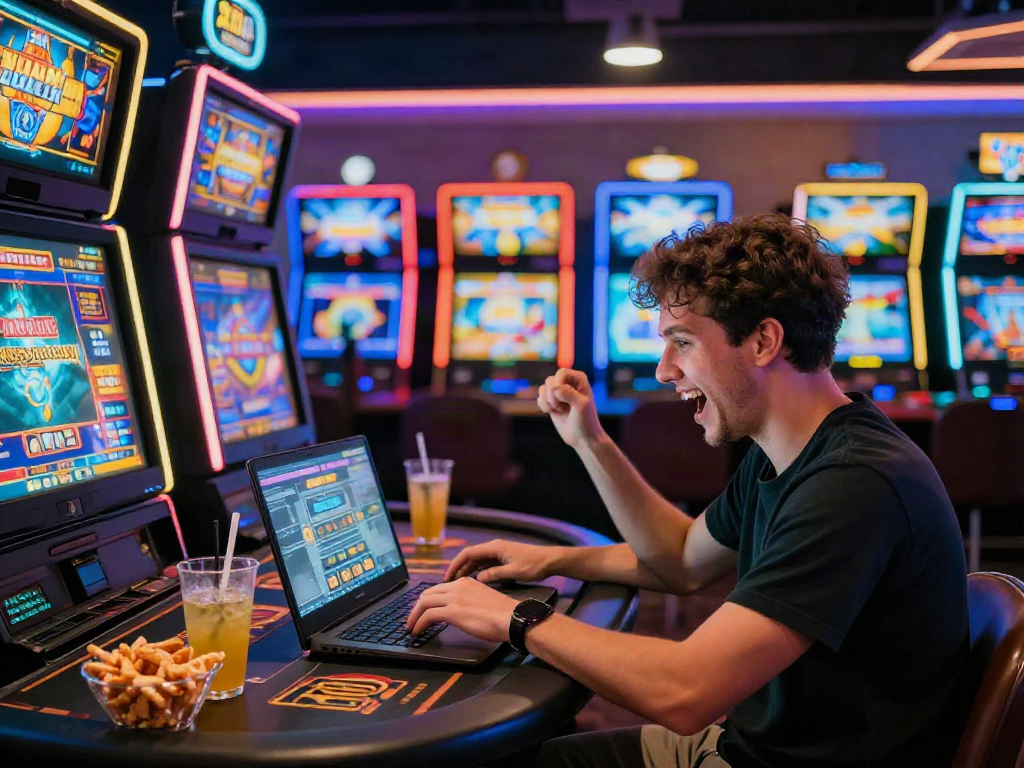 Engaging player at trang chủ da88 online casino with vibrant neon atmosphere and gaming setup.