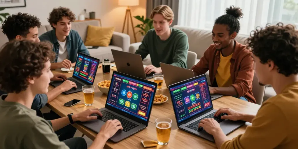 Friends enjoying online gaming at a casino not on Gamstop in cozy living room.