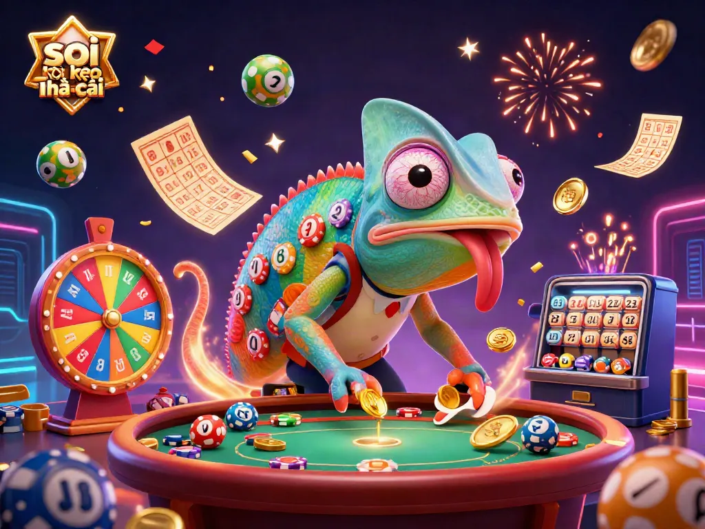 Spectacular scene showcasing soi kèo nhà cái with casino elements, including a colorful chameleon and dynamic game symbols.
