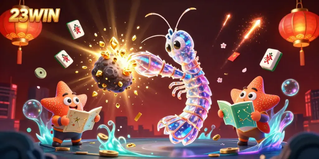 Engage with 23WIN by witnessing a dynamic scene of a galactic mantis shrimp amidst gold and gems.
