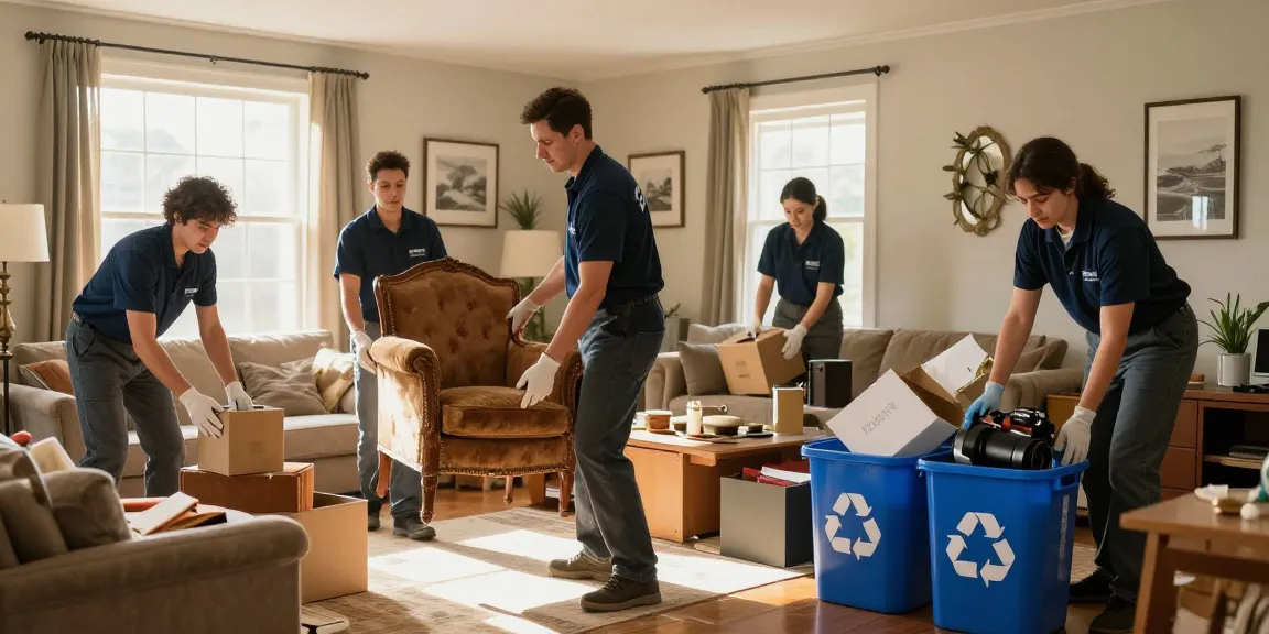 House clearance london scene showing a professional team clearing clutter from a cozy living room.