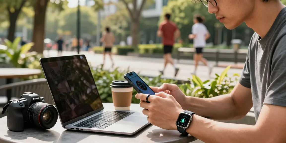 Stylish individual wearing a smart ring while checking fitness stats on a smartphone at an outdoor café.