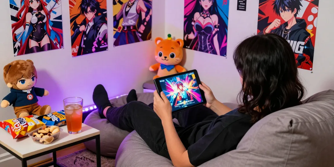Engaging gaming scene with a player enjoying a hentai game on a tablet amid colorful anime decor and snacks.