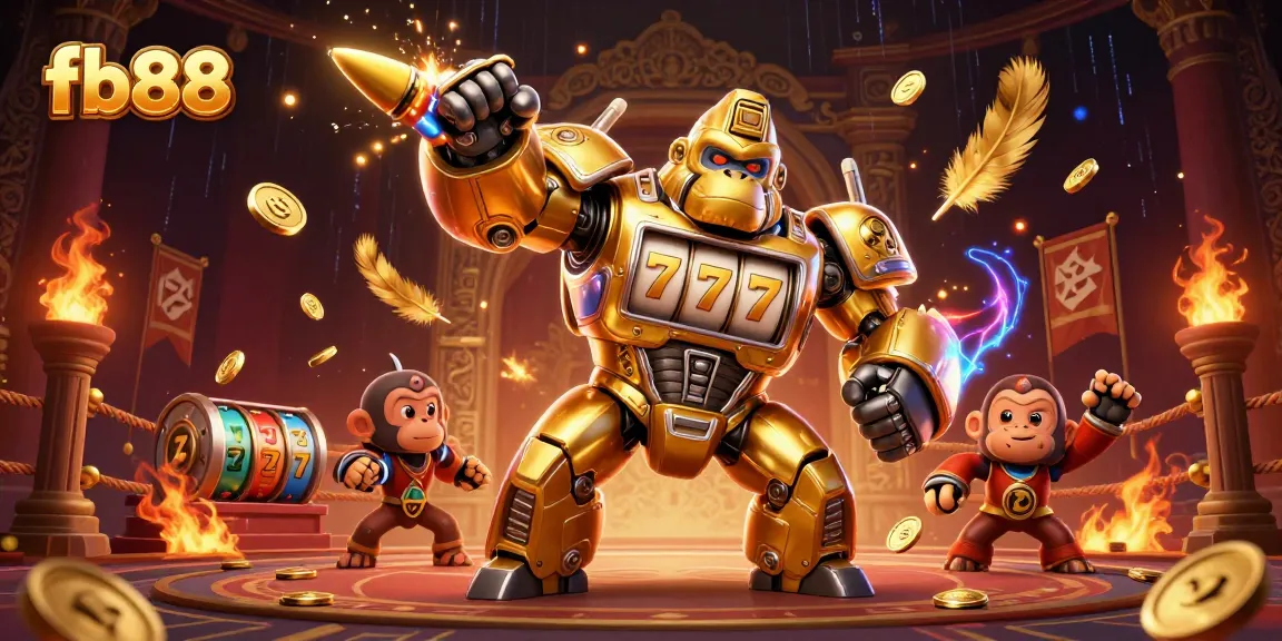Experience thrilling gambling with fb88's golden gorilla mech in a vibrant casino setting.