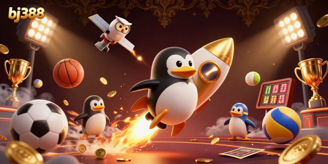Bet on bj388 with excitement, featuring golden penguin and dynamic sports elements in a vibrant casino space.