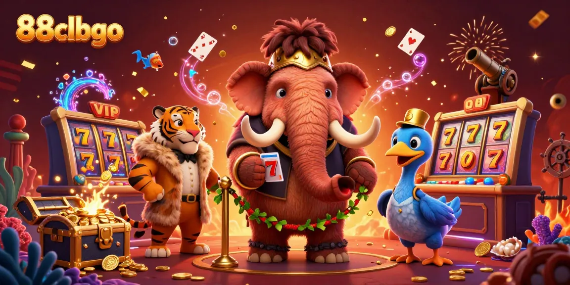 Experience the lively casino scene with 88clbgo featuring a woolly mammoth, saber-tooth tiger, and a dodo, surrounded by vibrant gaming elements.