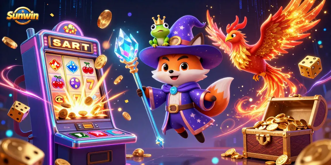 Experience the thrill of Sunwin with a magical illustration showcasing a wizard fox, phoenix, and a jackpot explosion from a slot machine.