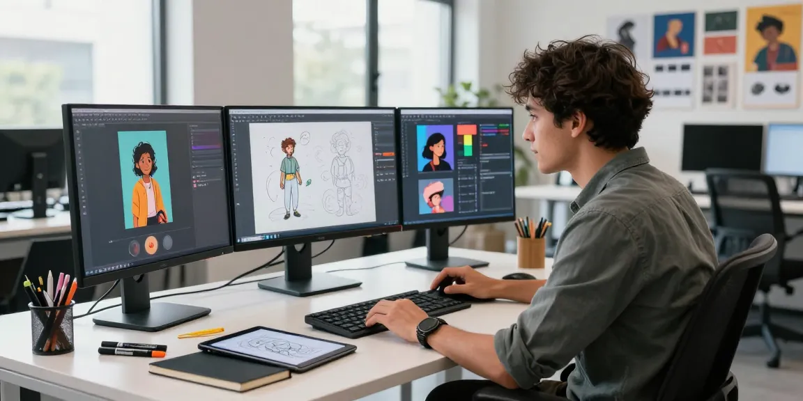 Creative professional using ai nsfw image generator in modern office.