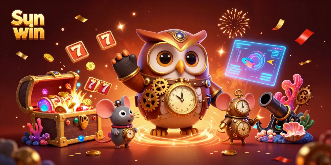 Experience a thrilling Sun win casino adventure with whimsical steampunk characters in a vibrant illustration.