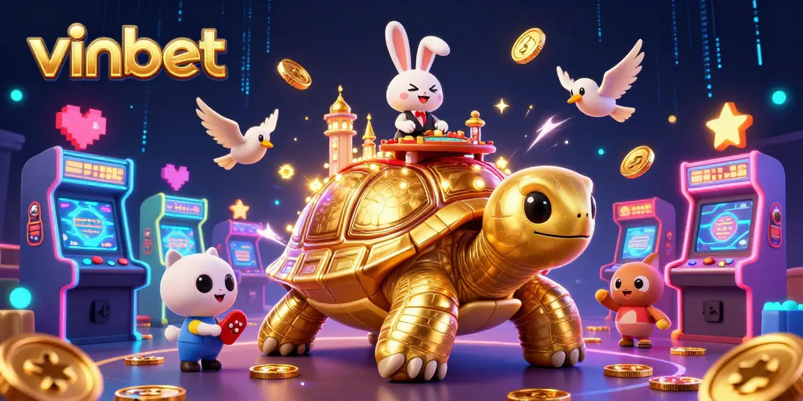 vinbet showcases vibrant 3D casino elements with a tortoise, rabbit dealer, and golden coins flying