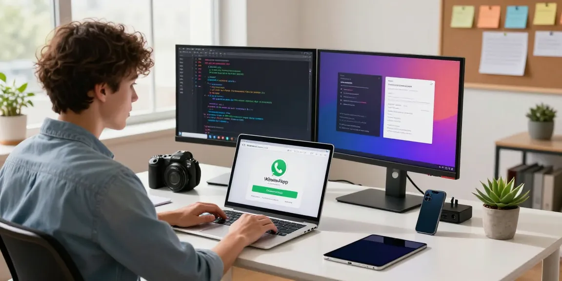 Downloading WhatsApp下載 on a modern workspace laptop with vibrant coding displays and tech gadgets.