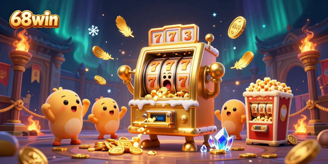 68win slot machine hitting jackpot, vibrant casino scene with cheering machines and dynamic elements.