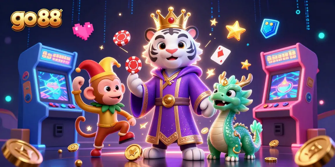 Playful golden monkey juggles poker chips in front of elegant white tiger at go 88 casino illustration.