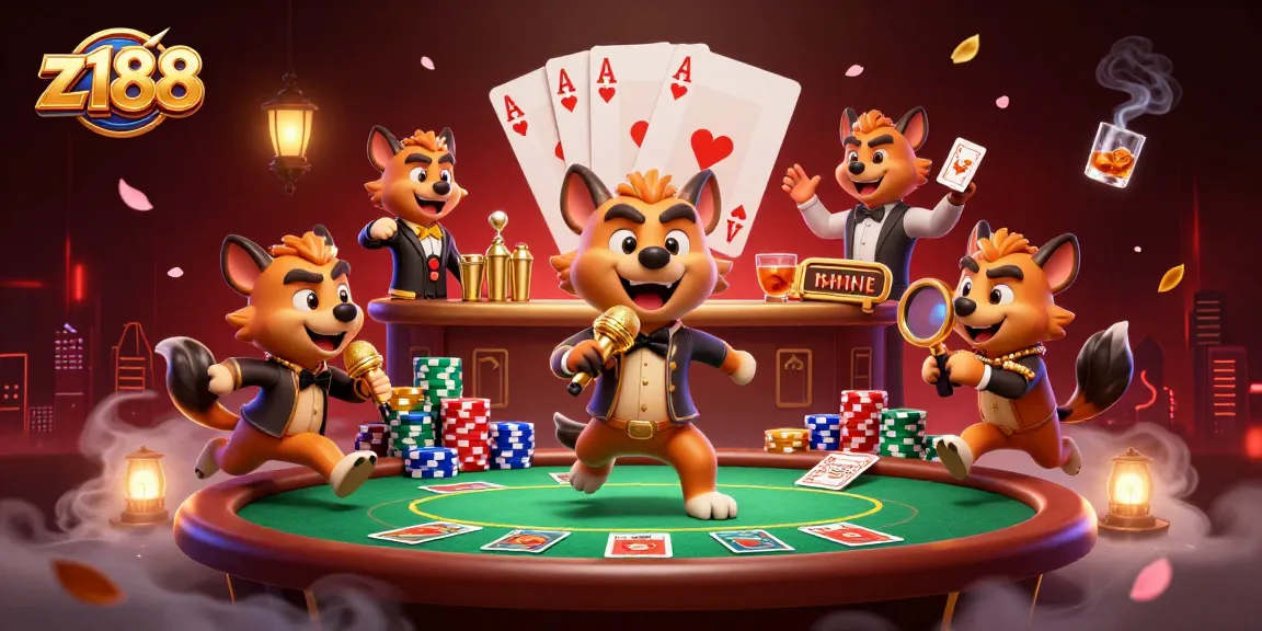 Bet and win at z188 with lively hyenas running a comedy casino, showcasing excitement in online gaming.