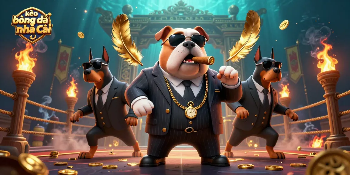Engage with kèo bóng đá nhà cái through this vibrant scene featuring a mafia bulldog and his Doberman guards.
