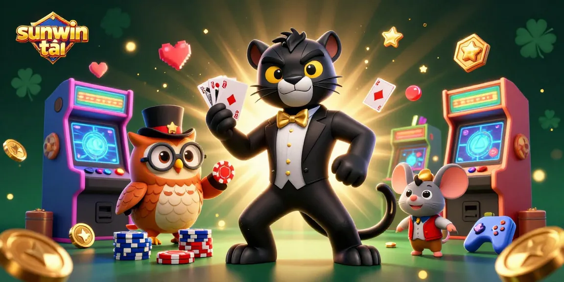 Engage with sunwin tải in a vibrant casino scene featuring a panther, owl, and lucky mouse.