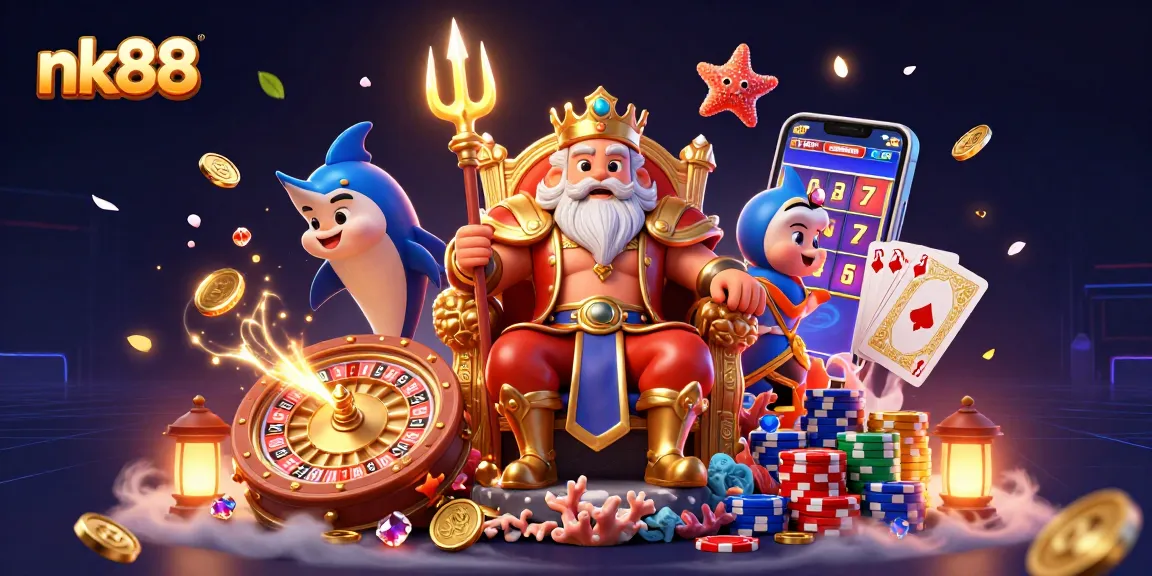 Win big with nk88 in this vibrant, dynamic casino scene featuring Neptune and treasures.