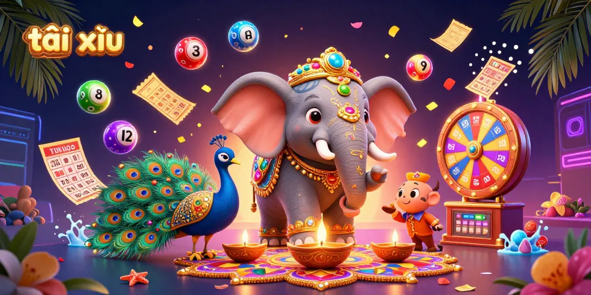 Play tài xỉu with colorful elements and dynamic gaming atmosphere in this vibrant illustration.