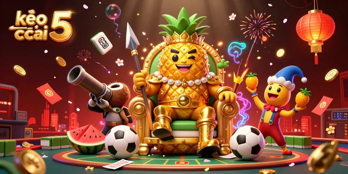 Experience the thrill of kèo nhà cái 5 as a golden pineapple king reigns over a vibrant sports betting scene, packed with dynamic action.