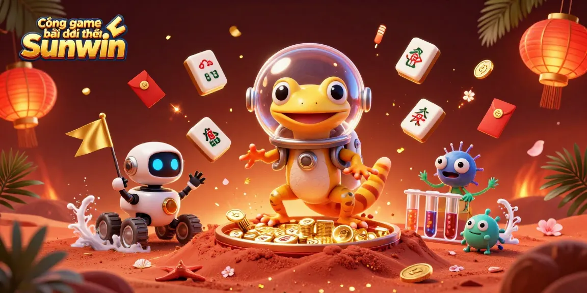 Cổng game bài đổi thưởng Sunwin showcases a vibrant and dynamic 3D scene of a Martian gecko exploring a golden casino.