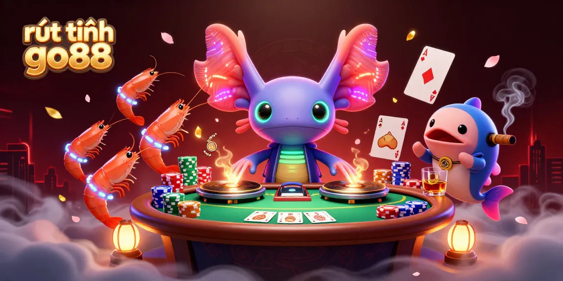 Experience rút tiền go88 with a vibrant scene of an axolotl DJ and aquatic friends celebrating wins at a poker table, showcasing fun elements.