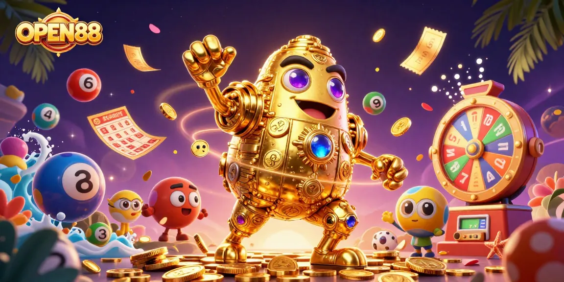 OPEN88 players enjoy jackpot thrills with a captivating 3D illustration of a golden golem and vibrant game elements.