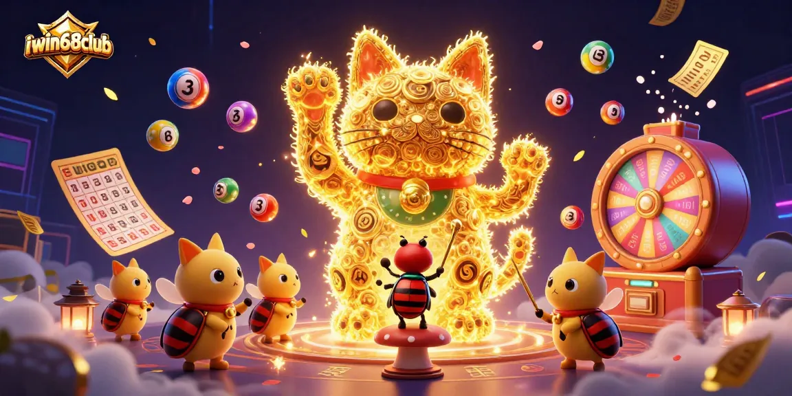 Experience the excitement at iwin68club with a dazzling casino-themed scene featuring a lucky cat.