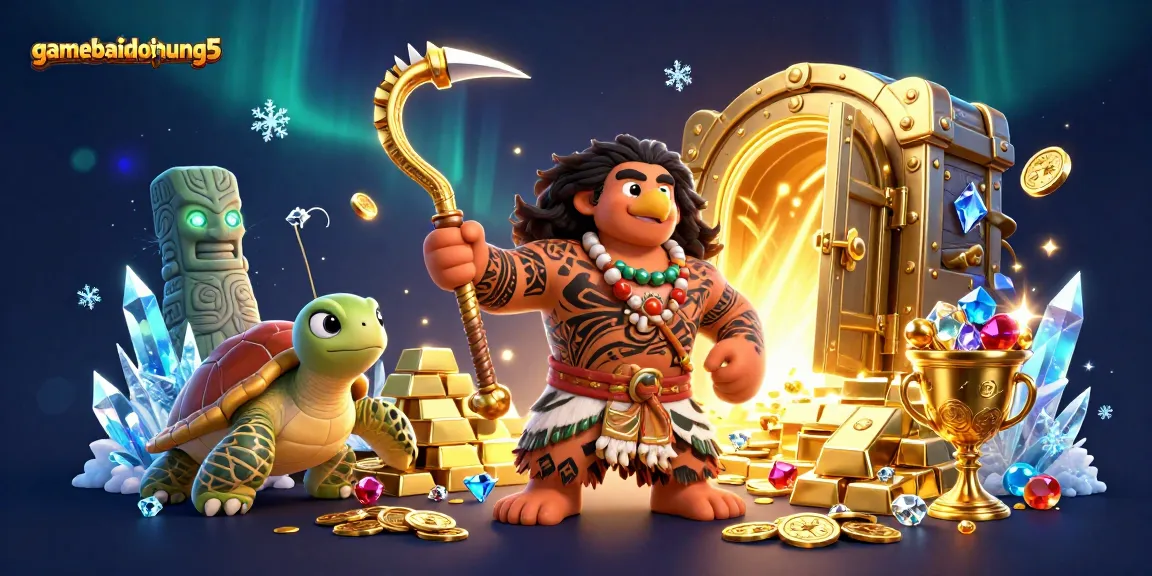 Win big with gamebaidoithuong5 as the demigod and turtle unveil treasures in an enchanting casino scene.