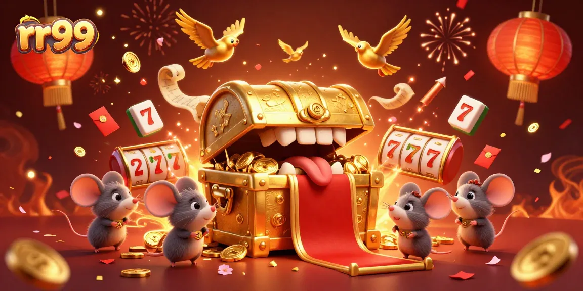 Engage in exciting rr99 casino gameplay with vibrant illustration showcasing treasures and celebration.