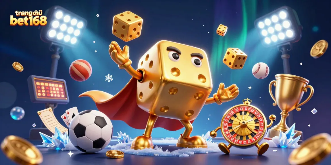 Experience the excitement of trang chủ bet168 with dynamic sports elements and golden dice in a vibrant illustration.