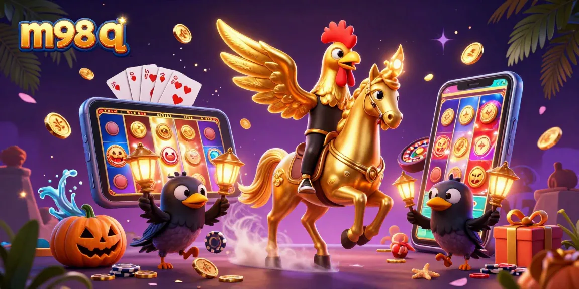 Experience thrilling gaming at m98 q with a golden rooster in a casino, spinning reels and vibrant action.