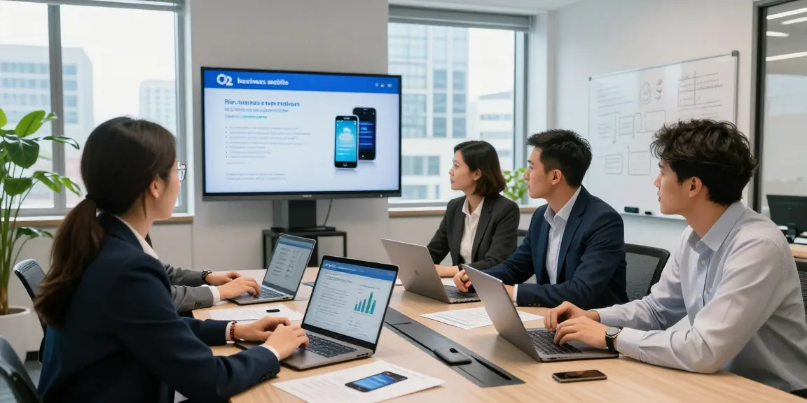 Team collaborating on O2 business mobile phone deals in a modern office