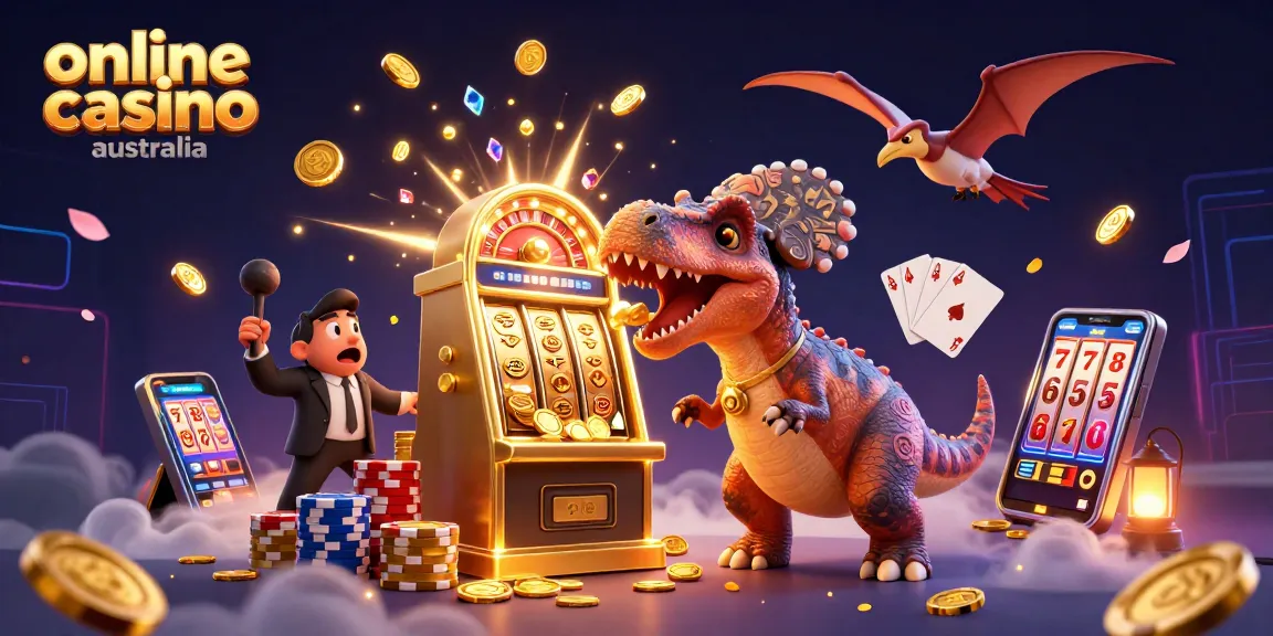 Action-packed scene of online casino australia with 3D dinosaurs winning jackpots and cascading coins.
