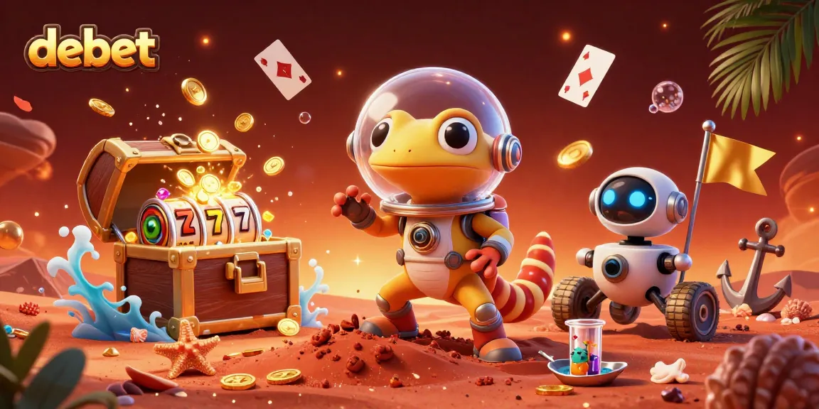 Play to win at debet with a 3D Martian gecko discovering a casino filled with treasures.