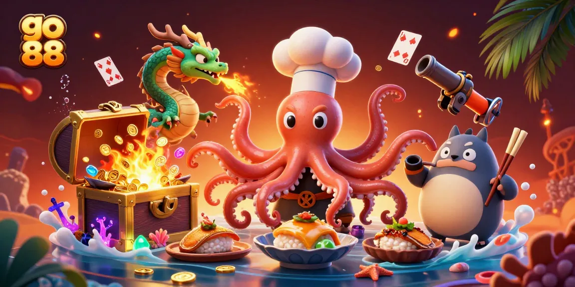 Experience the excitement of go 88 with this vibrant 3D illustration of mythical creatures engaging in a vibrant casino scene.
