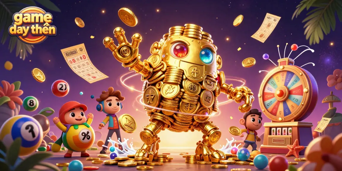 Experience the excitement of game đổi thưởng with a vibrant 3D illustration of a golden golem surrounded by dynamic lottery elements.