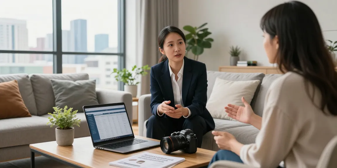Manchester short-term rental management consultation in a stylish apartment with city view.