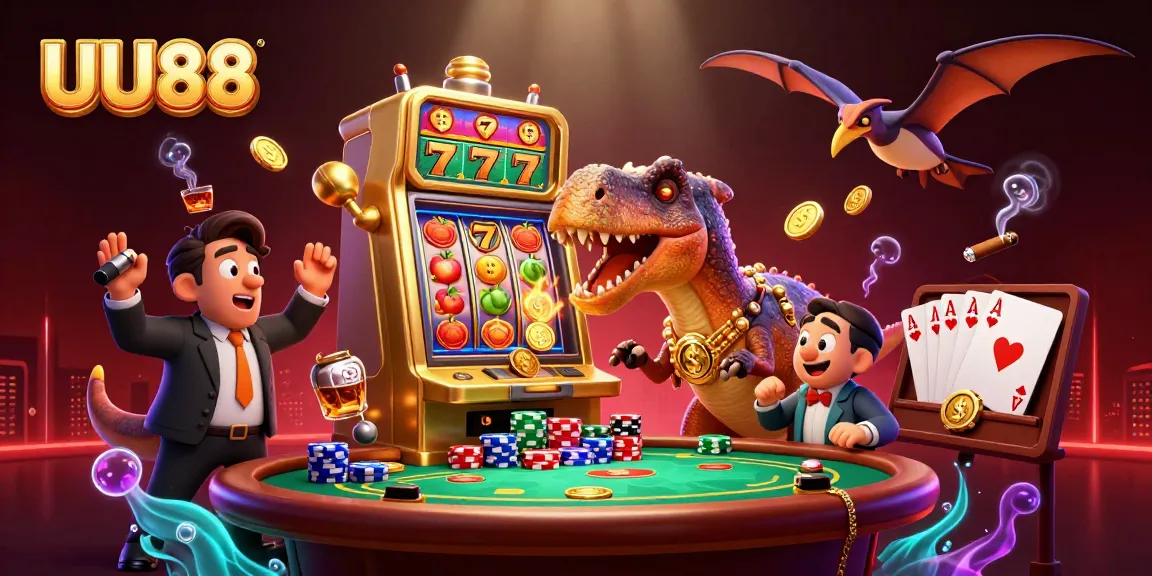 UU88 brings excitement with a pachycephalosaurus hitting a jackpot slot machine while a casino manager waves in panic.