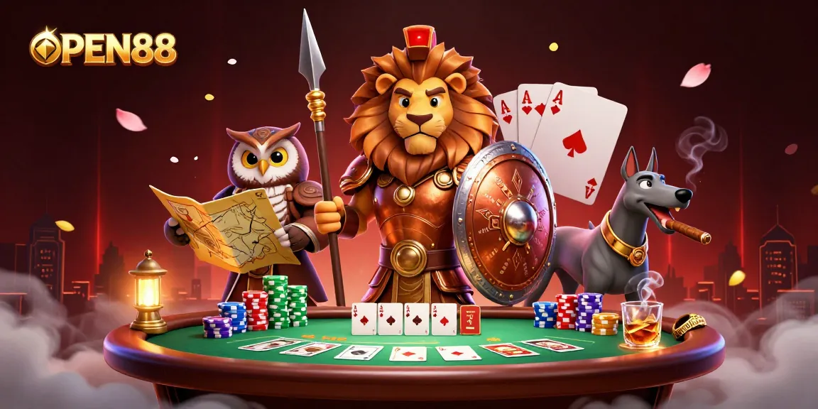 PLAY OPEN88 with exciting poker atmosphere, featuring a Spartan lion and vibrant action elements!